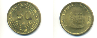 ПЕРУ 50 СЕНТИМО 1988 LIMA, МАНУЭЛЬ ГРАУ KM 295 латунь 89-1434