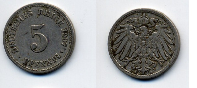 ГЕРМАНИЯ 5 ПФЕННИГОВ 1907 A, KM 11, J. 12 медно-никель 84-941