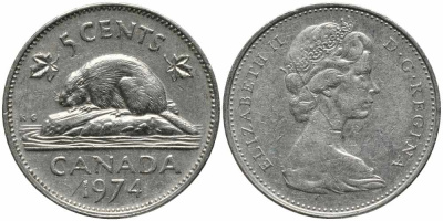 Канада 5 центов 1974 бобр, Елизавета II (1952-) KM 60.1 никель 87-956