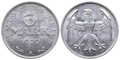 ГЕРМАНИЯ 3 МАРКИ 1922 А KM 28, J. 302 алюминий 4380-713