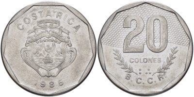 КОСТА-РИКА 20 КОЛОН 1985 сс KM 216.2 нержавеющая сталь 82-135