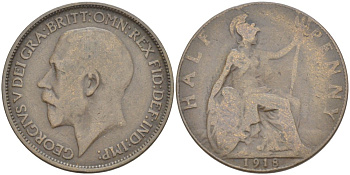 Великобритания 1/2 пенни 1918 Георг V (1910-1936) KM 809, Spink 4056 бронза 4519-122