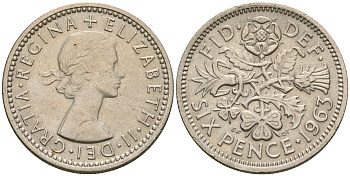 Великобритания 6 пенсов 1963 Елизавета II (1952-2022) KM 903, Spink 4149 медно-никель 4364-3652