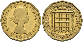 Великобритания 3 пенса 1962 Елизавета II (1952-2022) KM 900, Spink 4153 никель латунь 4592-424