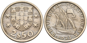 Португалия 2,5 эскудо 1973 парусник KM 590 медно-никель    4160-1214
