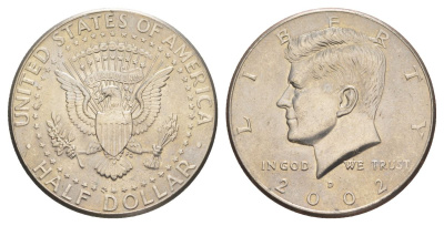 США 1/2 доллара (50 центов) 2002 D, Джон Кеннеди KM A202b медь плакированная медно-никелем aUNC 4517-416