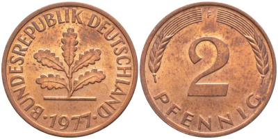 ФРГ 2 пфеннига 1977 F J.381a, KM 106a сталь плакированная медью 116-336