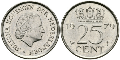 Нидерланды 25 центов 1979 Юлиана (1949-1980) KM 183 никель 96-255