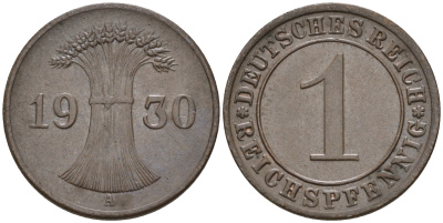 Германия 1 рейхспфенниг 1930 А KM 37, J. 313 бронза    4596-269