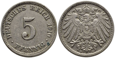 Германия 5 пфеннигов 1910 D KM 11, Jager 12, Weege 6 медно-никель 4547-516