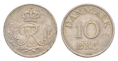 Дания 10 эре 1959 C; S, Фредерик IX (1947-1972), самый редкий год тиража - 1.255.000 экземпляров KM 841 медно-никель 1524-115