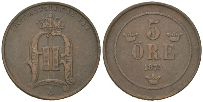 Швеция 5 эре 1875 Оскар II (1872-1907) KM 736 бронза 4175-431