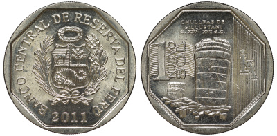 Перу 1 новый соль 2011 чульпа (башня) на кладбище Сильюстани KM 347 медно-никель UNC 4605-254