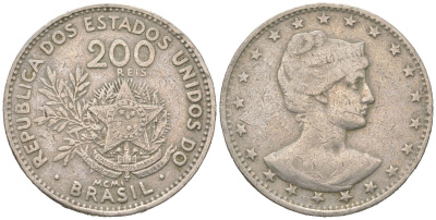 Бразилия 200 реалов 1901 MCMI, голова свободы вправо KM 504 медно-никель 4612-323