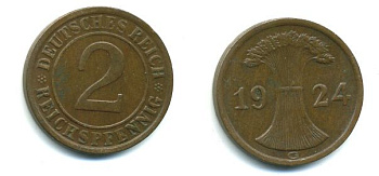 ГЕРМАНИЯ 2 РЕЙХСПФЕННИГА 1924 G KM 38, J. 314 бронза 46-1737