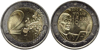 Франция 2 евро 2010 70 лет речи Шарля де Голля "Ко всем французам" KM 1676 биметалл UNC 115-1224