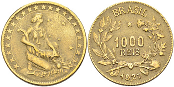 Бразилия 1000 рейс 1927 KM 525 алюминиевая бронза 4574-1234