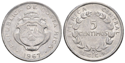 Коста-Рика 5 сентимо 1967 (1967-1968) KM 184.1a медно-никель 4115-1244