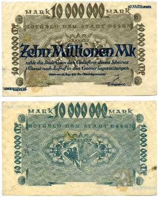 Эссен 10000000 марок (10 миллионов) 1923 15 августа 1923, серия ЗЕЛЁНАЯ, нотгельд, ЗЕЛЁНЫЙ НОМЕР, земля Северный Рейн-Вестфалия Arnold Keller 1415d бумага 2193-16-2-1