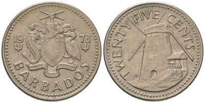 Барбадос 25 центов 1973 ветряная мельница Моргана Льюиса KM 13 медно-никель 4619-525