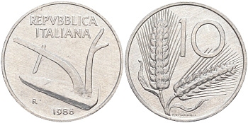 Италия 10 лир 1986 R, КОЛОС, плуг KM 93 алюминий 4519-1154
