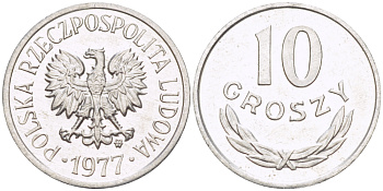 ПОЛЬША 10 ГРОШЕЙ 1977 MW KM AA47, Parchimowicz 206p алюминий UNC 4181-1135