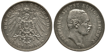 Саксония 3 марки 1909 Е, Фридрих Август III (1904-1918) Weege 132, J. 135, KM 1267 серебро 3711-1324