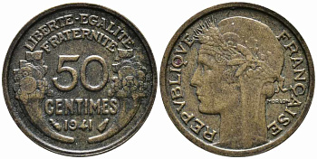 ФРАНЦИЯ 50 САНТИМОВ 1941 ТИП MORLON KM 894.1, LE FRANC 192.18 алюминиевая бронза 71-1552