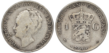 Нидерландское Кюрасао 1 гульден 1944 D, Вильгельмина (1890-1948) KM 45 серебро 36-342