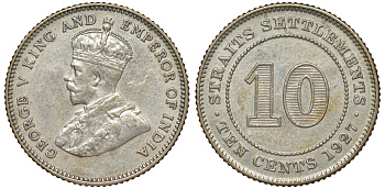 Стрейтс-Сетлментс 10 центов 1927 Георг V (1910-1936) КМ 29b серебро 53-726