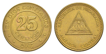 Никарагуа 25 сентаво 2007 KM 104 сталь плакированная латунью UNC 4641-314