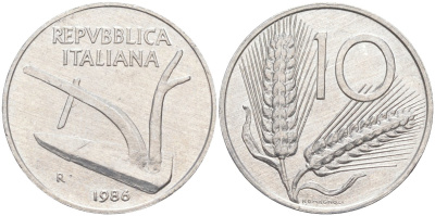 Италия 10 лир 1986 R, КОЛОС, плуг KM 93 алюминий 4519-1154