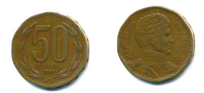 Чили 50 песо 1989 Бернардо О’Хиггинс KM 219.2 алюминиевая бронза 37-1245