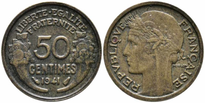 ФРАНЦИЯ 50 САНТИМОВ 1941 ТИП MORLON KM 894.1, LE FRANC 192.18 алюминиевая бронза 71-1552