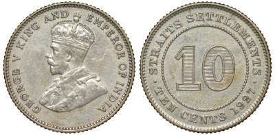Стрейтс-Сетлментс 10 центов 1927 Георг V (1910-1936) КМ 29b серебро 53-726