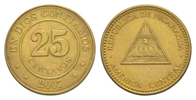 Никарагуа 25 сентаво 2007 KM 104 сталь плакированная латунью UNC 4641-314