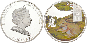 Острова Кука 2 доллара 2011 год Кролика, цветная эмаль KM NEW серебро PROOF 1074-1-61