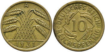 Германия 10 рейхспфеннигов 1931 A KM 40 алюминиевая бронза 4171-351