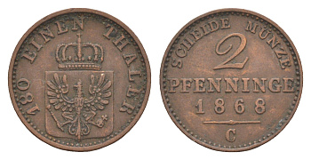 Пруссия 2 пфеннига 1868 C, Вильгельм I (1861-1888) KM 481, Jaeger 51, AKS 107, Olding 425 медь 4651-263