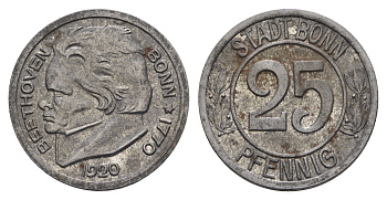 Бонн 25 пфеннигов 1920 Funck 51.2A, Men05 3220.4, Men18 4134.4 железо 4548-1134