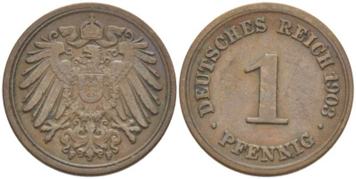 ГЕРМАНИЯ 1 ПФЕННИГ 1903 F KM 10, J. 10, Weege 2 медь 211-268