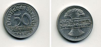 ГЕРМАНИЯ 50 ПФЕННИГОВ 1920 A KM 27, J. 301 алюминий 41-727