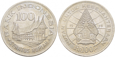 Индонезия 100 рупий 1978 хижина Минангкабау, легендарное дерево жизни KM 42 медно-никель UNC 3457-134