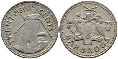 Барбадос 25 центов 1973 ветряная мельница Моргана Льюиса KM 13 медно-никель 4398-322
