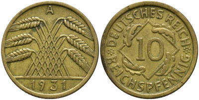 Германия 10 рейхспфеннигов 1931 A KM 40 алюминиевая бронза 4171-351