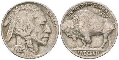 США 5 центов 1935 индеец, бизон KM 134 медно-никель 4614-1147