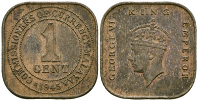 Британская Малайя 1 цент 1945 Георг VI (1937-1952) KM 6 бронза 4167-825