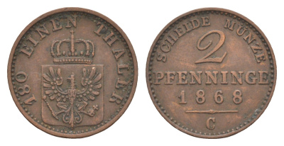 Пруссия 2 пфеннига 1868 C, Вильгельм I (1861-1888) KM 481, Jaeger 51, AKS 107, Olding 425 медь 4651-263