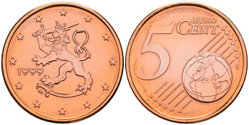 Финляндия 5 евроцентов 1999 KM 100 сталь плакированная медью 68-836