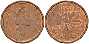Канада 1 цент 1991 Елизавета II (1952-2022), кленовый лист KM 181 бронза 46-1721